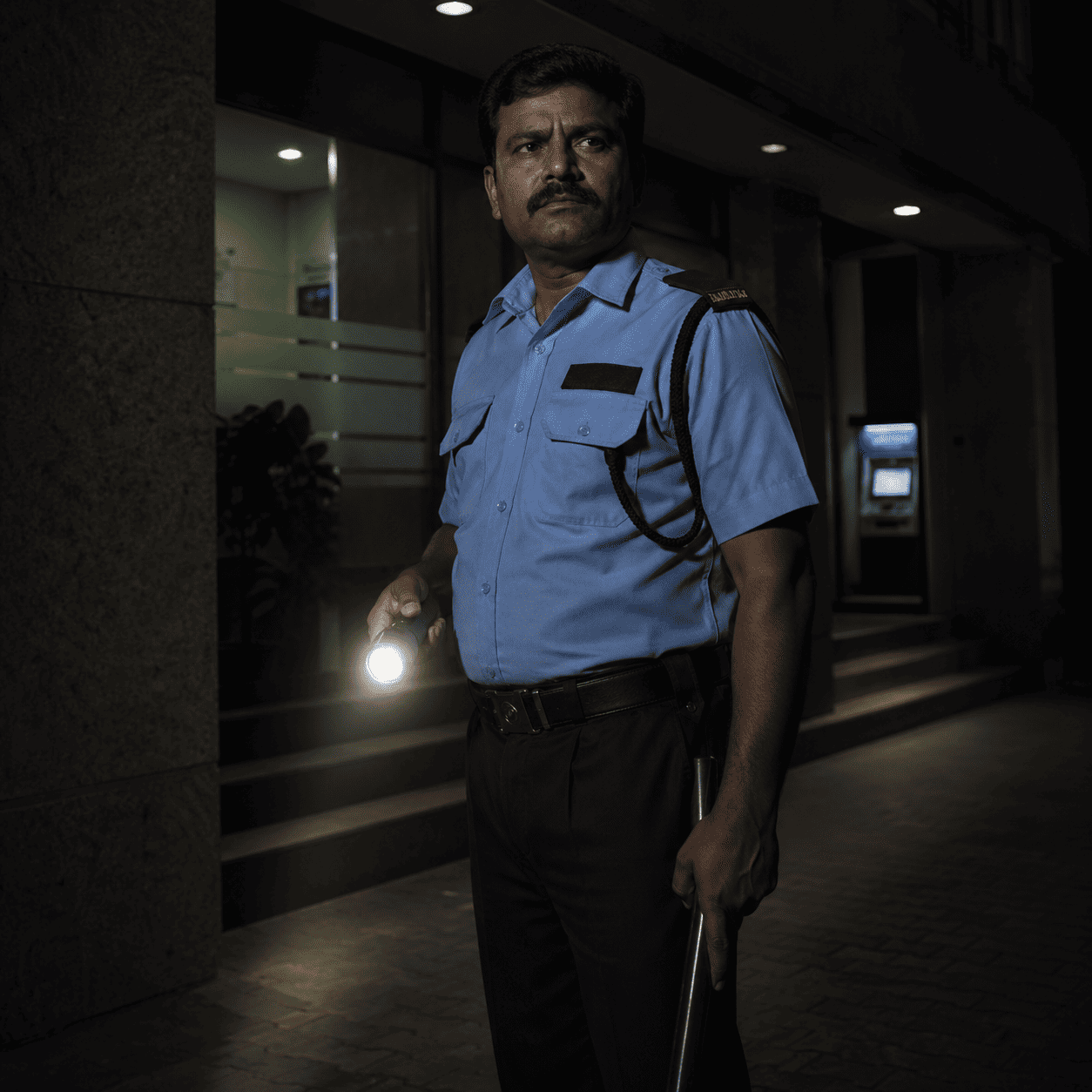 Bank security guard at financial institution entrance