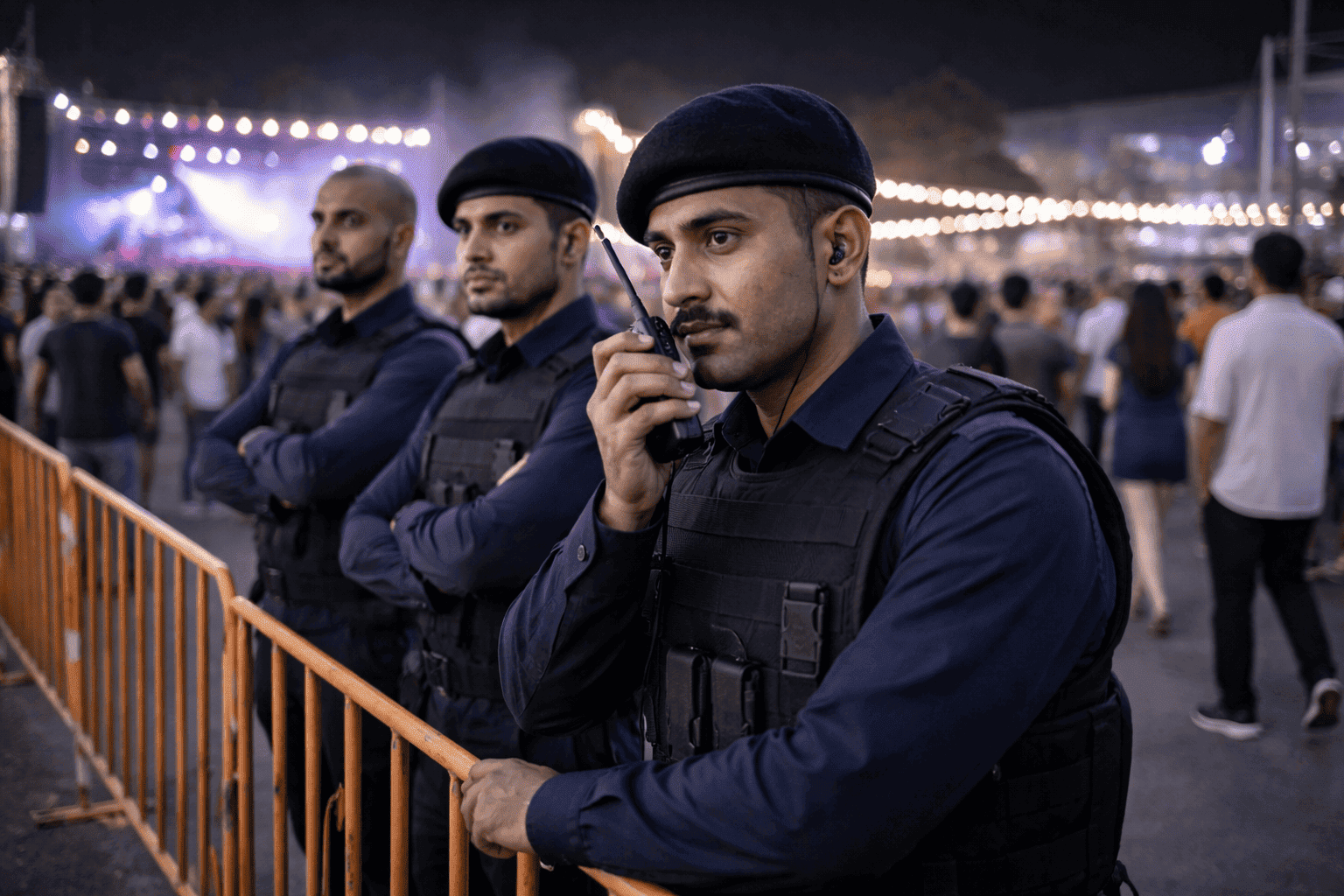 Security personnel monitoring event crowd